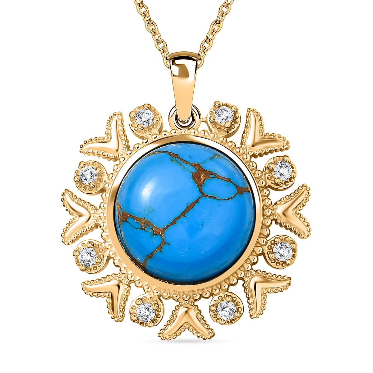Tucson Find - Blue Turquoise Floral Pendant with Chain (Size 20) in Yellow Gold Plating 10.80 Ct. 4396519 0