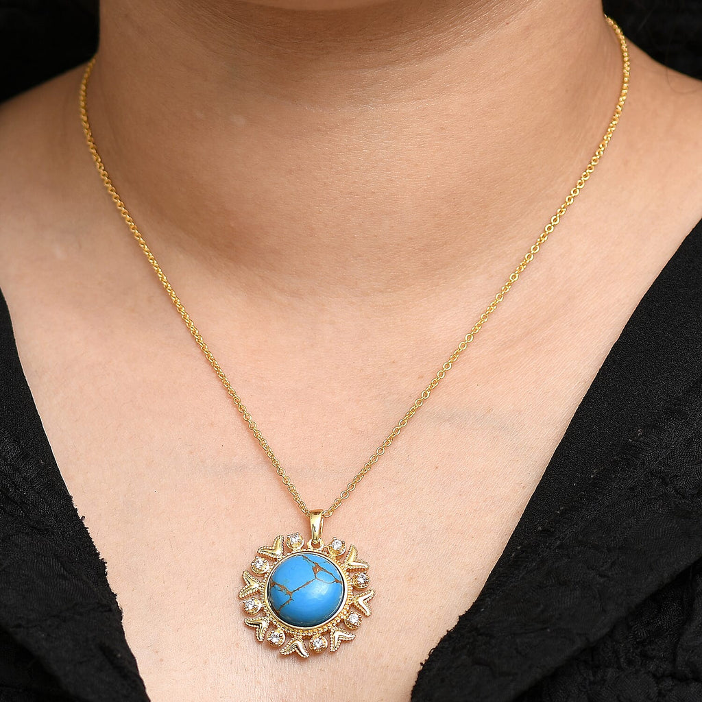 Tucson Find - Blue Turquoise Floral Pendant with Chain (Size 20) in Yellow Gold Plating 10.80 Ct.