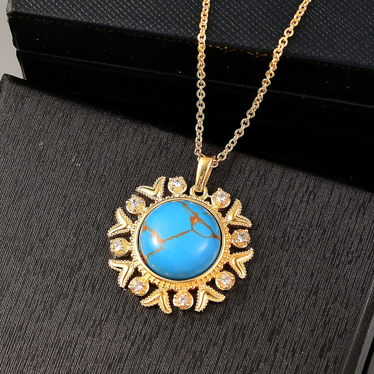 Tucson Find - Blue Turquoise Floral Pendant with Chain (Size 20) in Yellow Gold Plating 10.80 Ct. 4396519 3