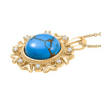 Tucson Find - Blue Turquoise Floral Pendant with Chain (Size 20) in Yellow Gold Plating 10.80 Ct.