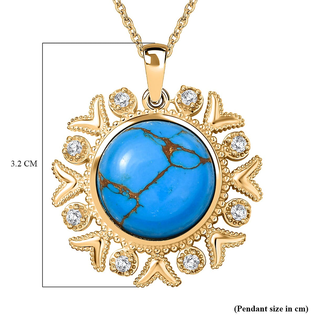 Tucson Find - Blue Turquoise Floral Pendant with Chain (Size 20) in Yellow Gold Plating 10.80 Ct.