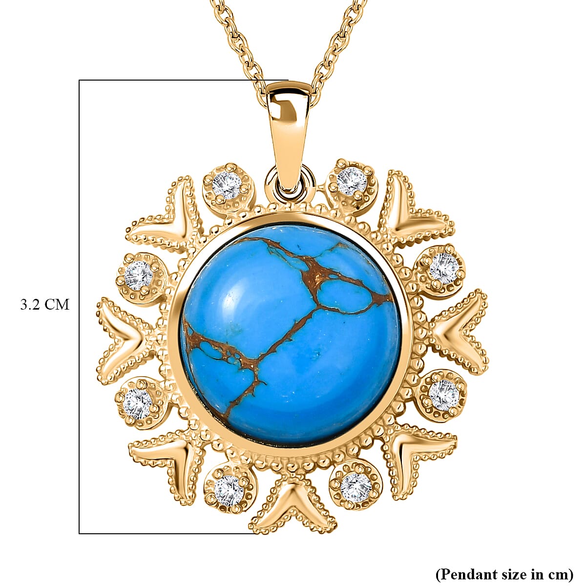 Tucson Find - Blue Turquoise Floral Pendant with Chain (Size 20) in Yellow Gold Plating 10.80 Ct. 4396519 6