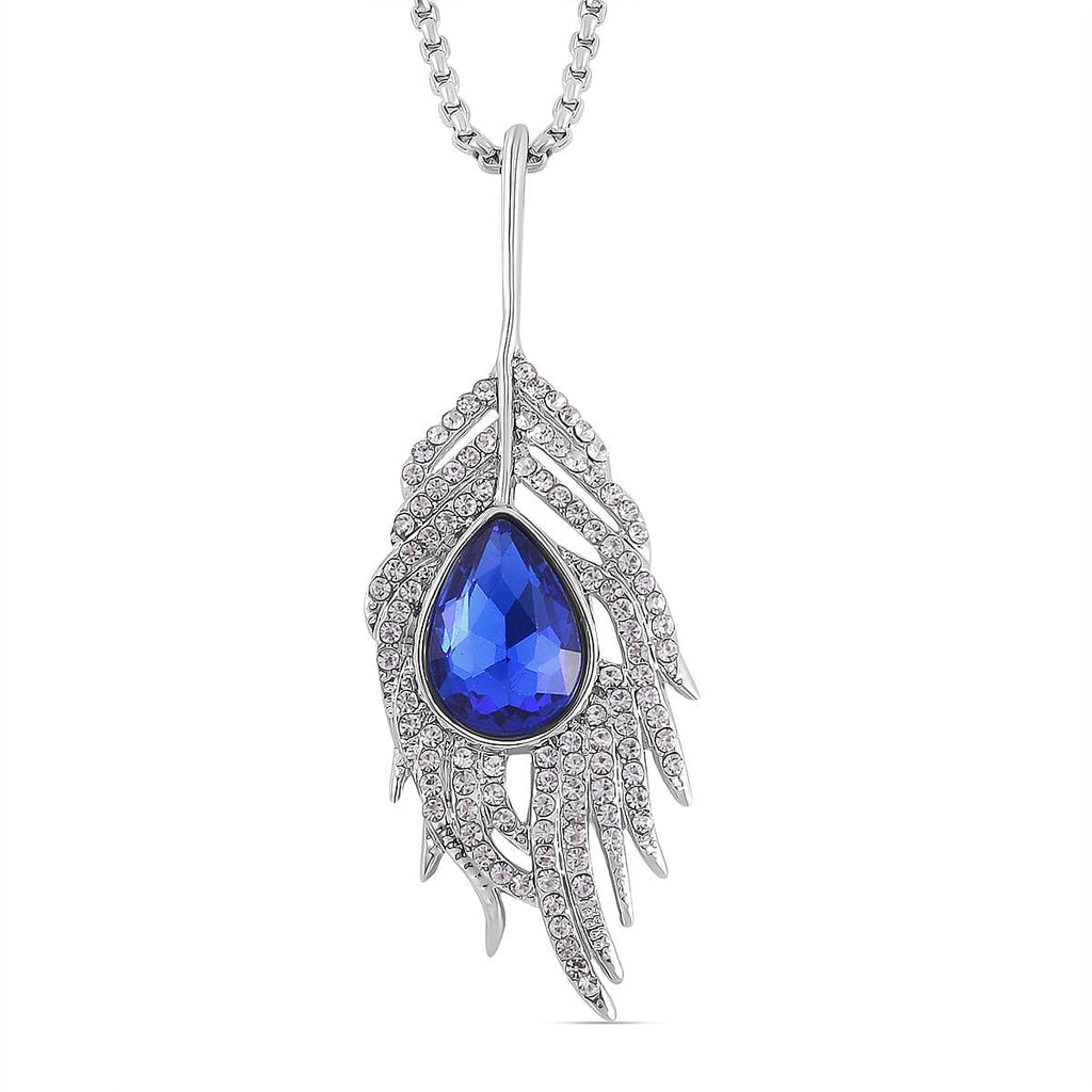 Blue & White Austrian Crystal Feather Necklace (Size - 24) in Silver Tone