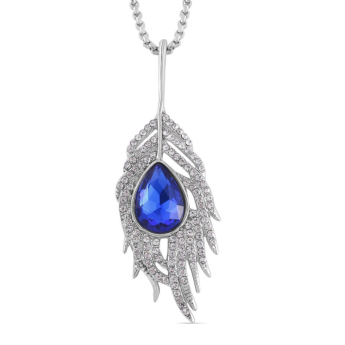 Blue &amp; White Austrian Crystal Feather Necklace (Size - 24) in Silver Tone 7661998 0