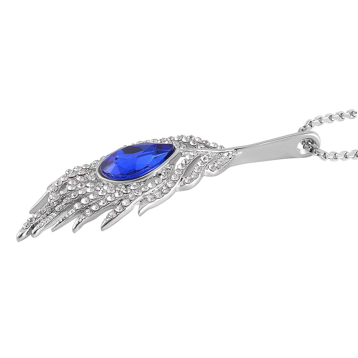 Blue &amp; White Austrian Crystal Feather Necklace (Size - 24) in Silver Tone 7661998 2