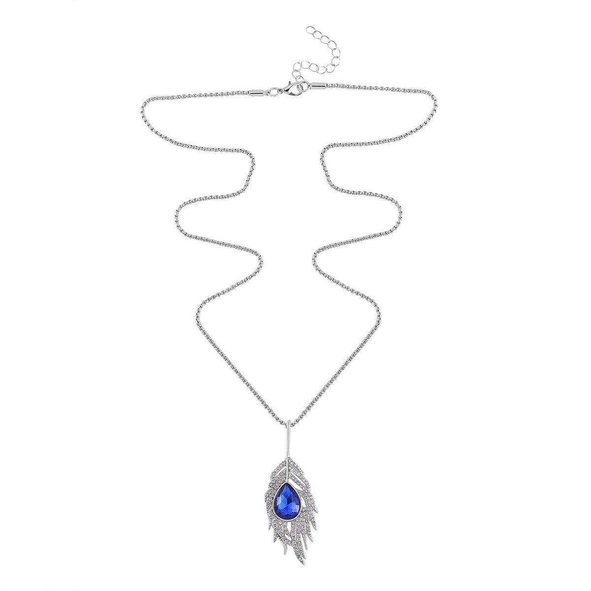 Blue &amp; White Austrian Crystal Feather Necklace (Size - 24) in Silver Tone 7661998 3