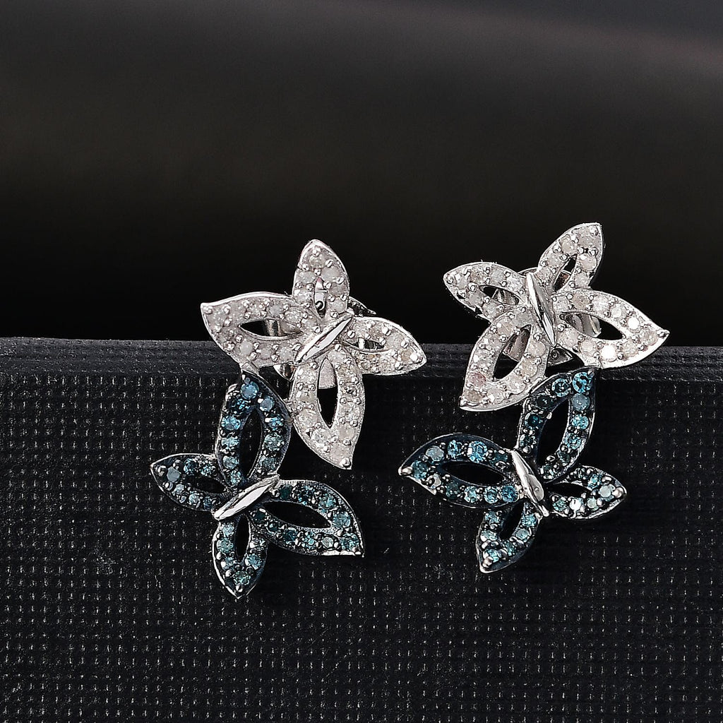 Blue & White Diamond Solitaire Stud Push Post Earring with Push Back in Rhodium Overlay Sterling Silver 0.50 Ct.