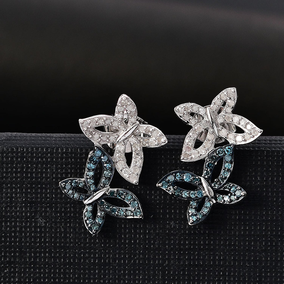 Blue Diamond, White Diamond Butterfly Push Post Earring in Rhodium Overlay Sterling Silver 0.50 Ct. 7969638 3