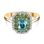 Blue Zircon, Emerald & White Zircon Halo Ring in 18K Vermeil Yellow Gold Plated Sterling Silver 3.26 Ct