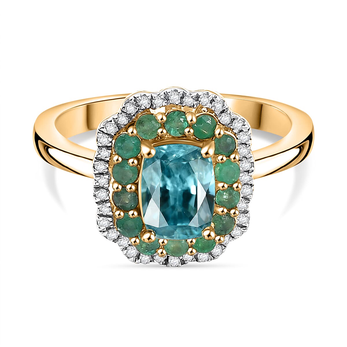 Blue Zircon, Emerald, White Zircon Halo Ring in 18K Yellow Gold Vermeil Plated Sterling Silver 3.26 Ct 7875170 0