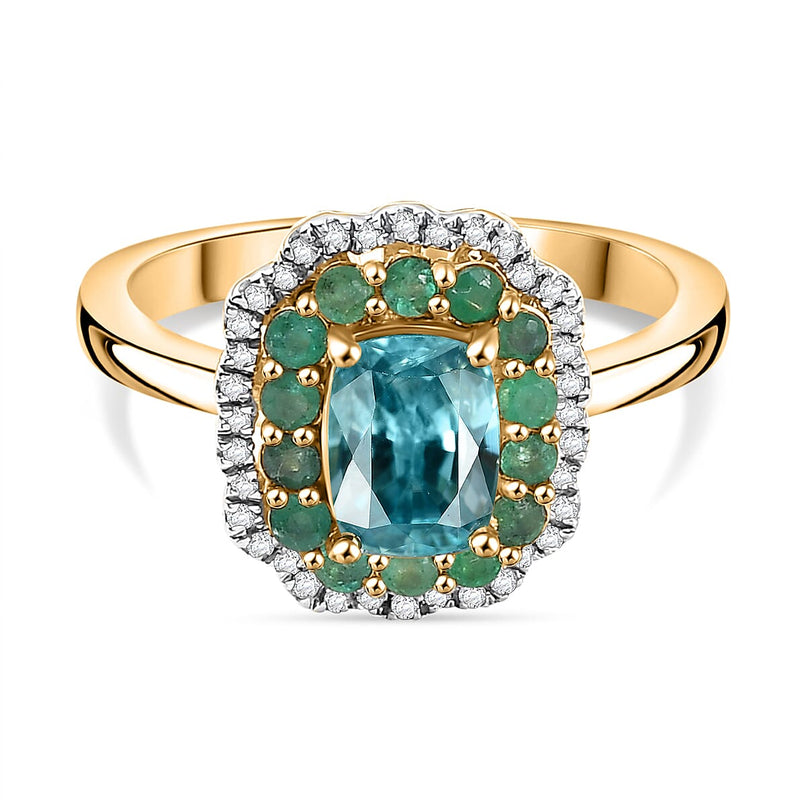 Blue Zircon, Emerald & White Zircon Halo Ring in 18K Vermeil Yellow Gold Plated Sterling Silver 3.26 Ct