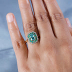 Blue Zircon, Emerald & White Zircon Halo Ring in 18K Vermeil Yellow Gold Plated Sterling Silver 3.26 Ct