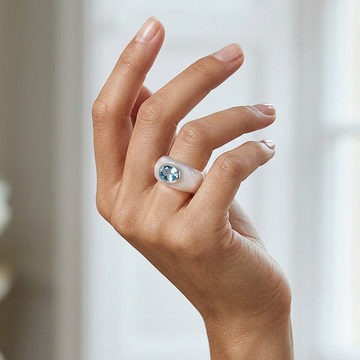 Cambodian Blue Zircon &amp; Jade Solitaire Band Ring in Rhodium Overlay Sterling Silver 31.00 Ct. 8537547 2