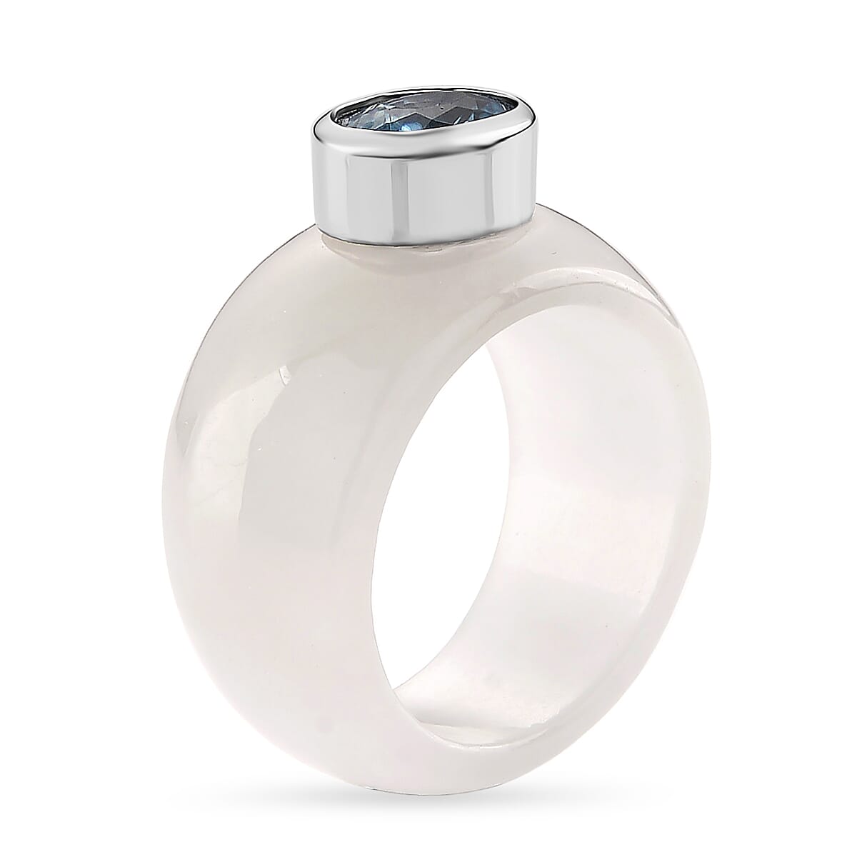 Cambodian Blue Zircon &amp; Jade Solitaire Band Ring in Rhodium Overlay Sterling Silver 31.00 Ct. V32553977 4