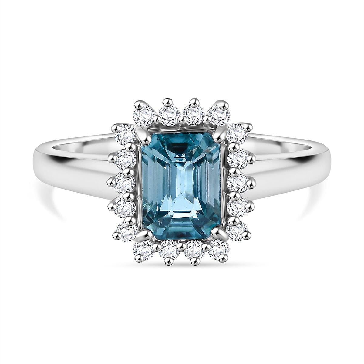 Blue Zircon, Moissanite Halo Ring in Rhodium Overlay Sterling Silver 3.17 ct. 7766766 0