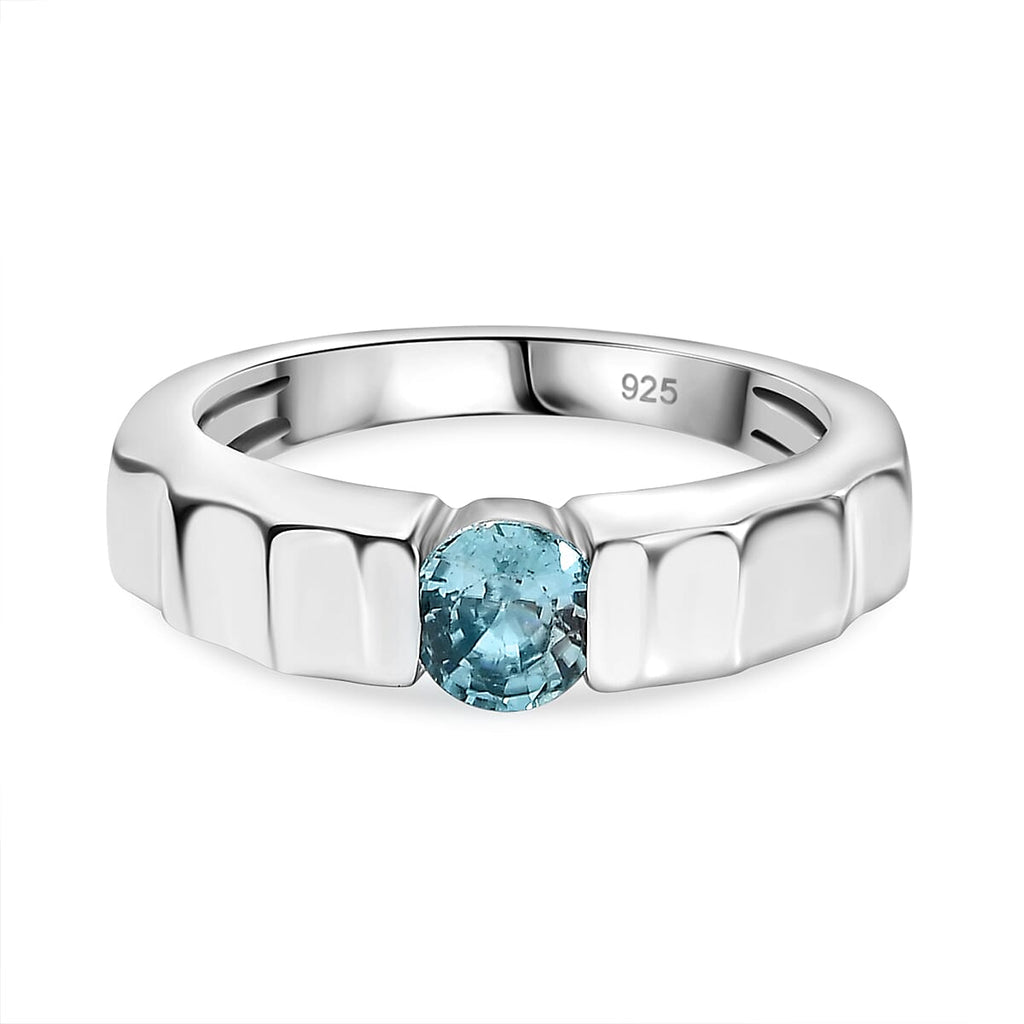 Blue Zircon Solitaire Ring in Rhodium Overlay Sterling Silver