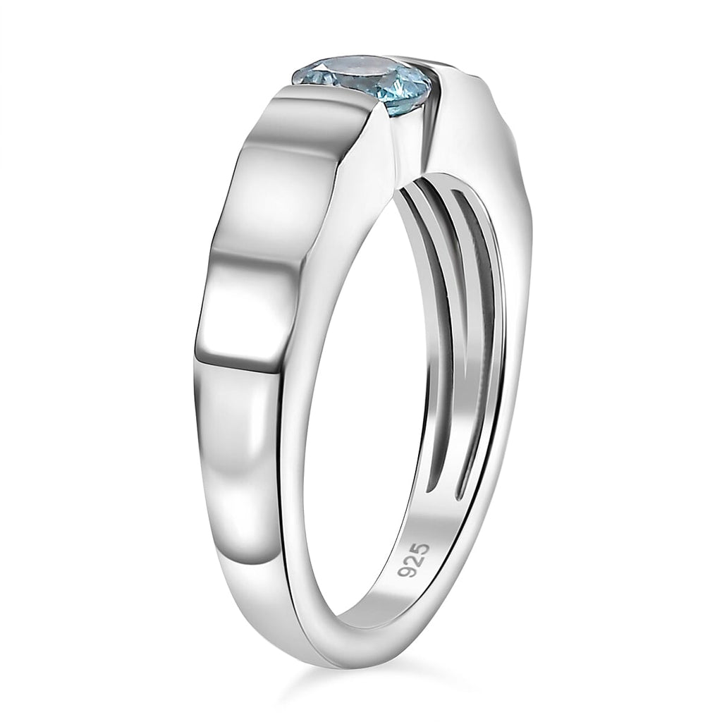 Blue Zircon Solitaire Ring in Rhodium Overlay Sterling Silver