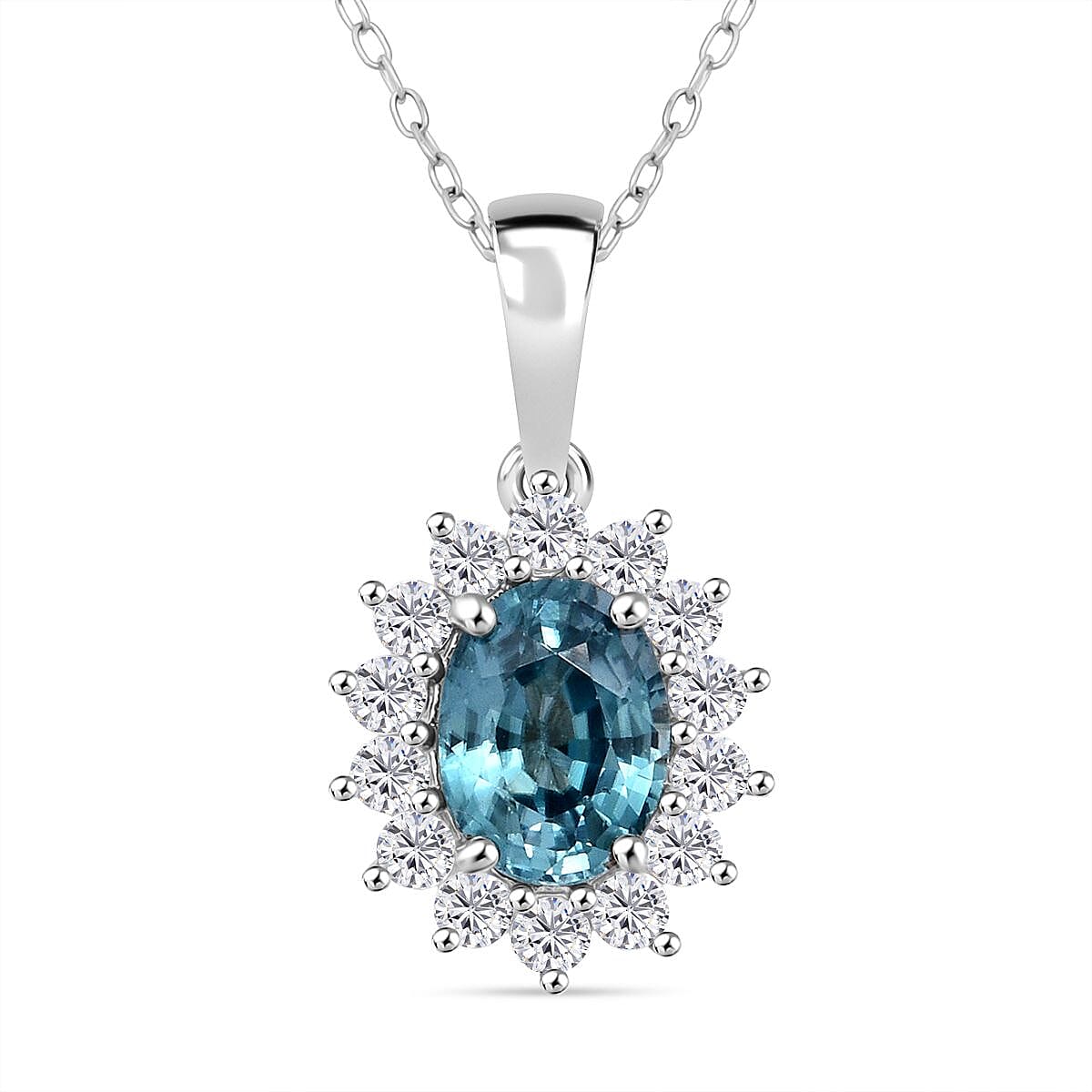 D'Joy Premium Ratnakiri Blue Zircon &amp; White Zircon Halo Pendant with Chain (Size 20) with Lobster Clasp in Rhodium Overlay Sterling Silver 2.69 Ct. 4426288 0