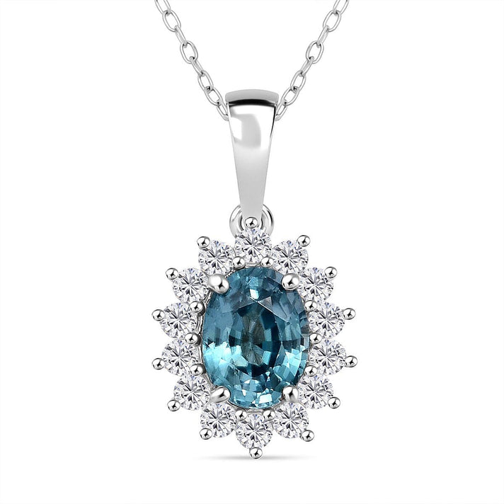 D'Joy Premium Ratnakiri Blue Zircon &amp; White Zircon Halo Pendant with Chain (Size 20) with Lobster Clasp in Rhodium Overlay Sterling Silver 2.69 Ct. 4426288 1