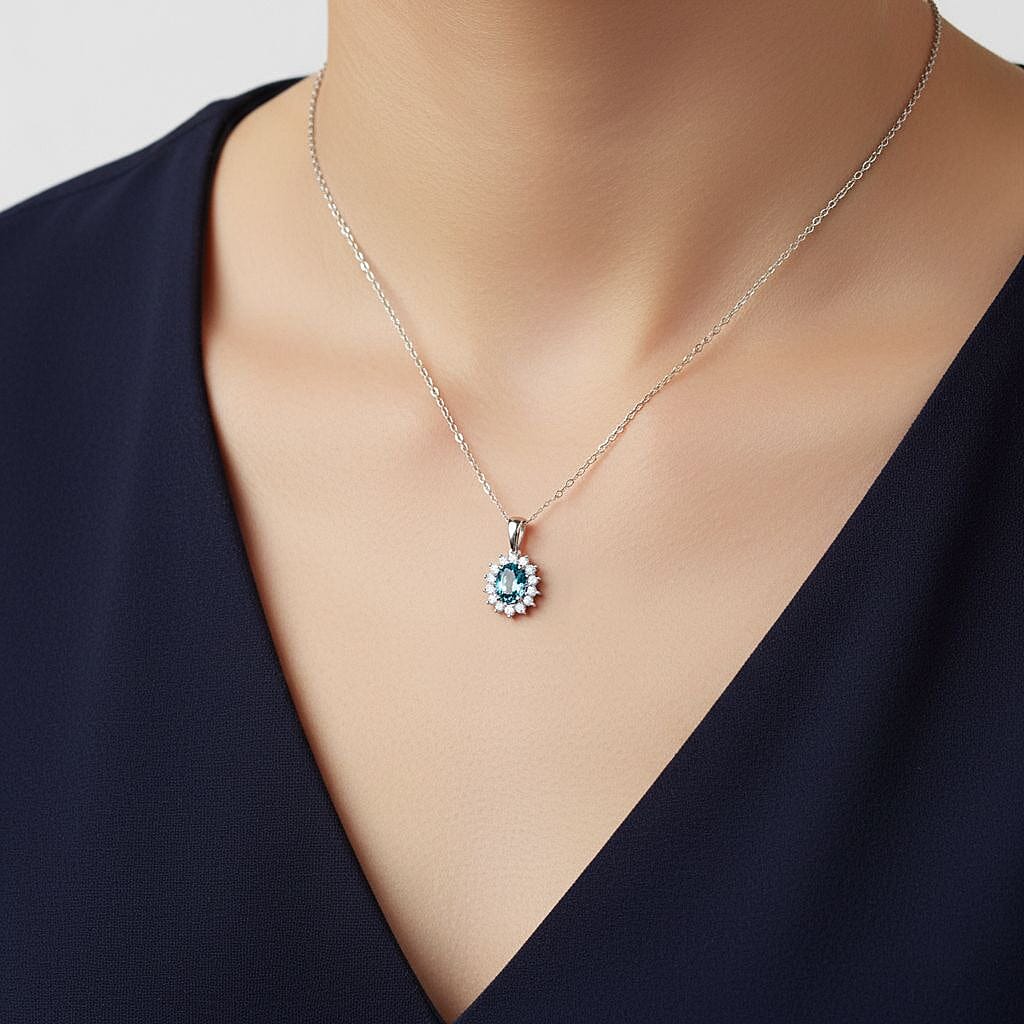 D'Joy Premium Ratnakiri Blue Zircon &amp; White Zircon Halo Pendant with Chain (Size 20) with Lobster Clasp in Rhodium Overlay Sterling Silver 2.69 Ct. 4426288 1