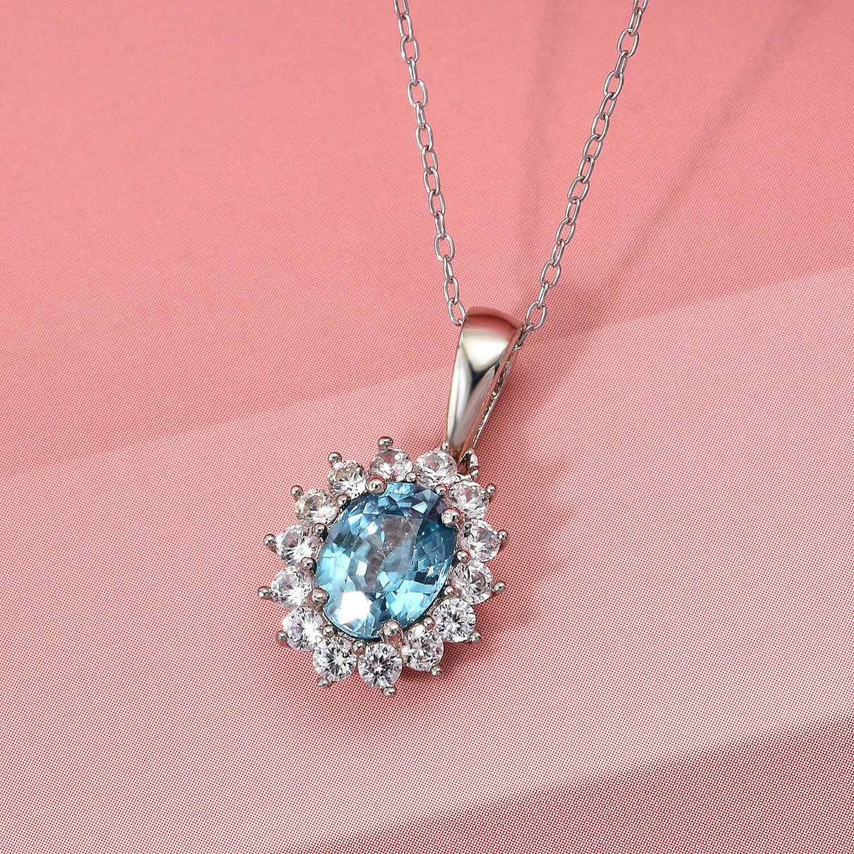 D'Joy Premium Ratnakiri Blue Zircon &amp; White Zircon Halo Pendant with Chain (Size 20) with Lobster Clasp in Rhodium Overlay Sterling Silver 2.69 Ct. 4426288 2