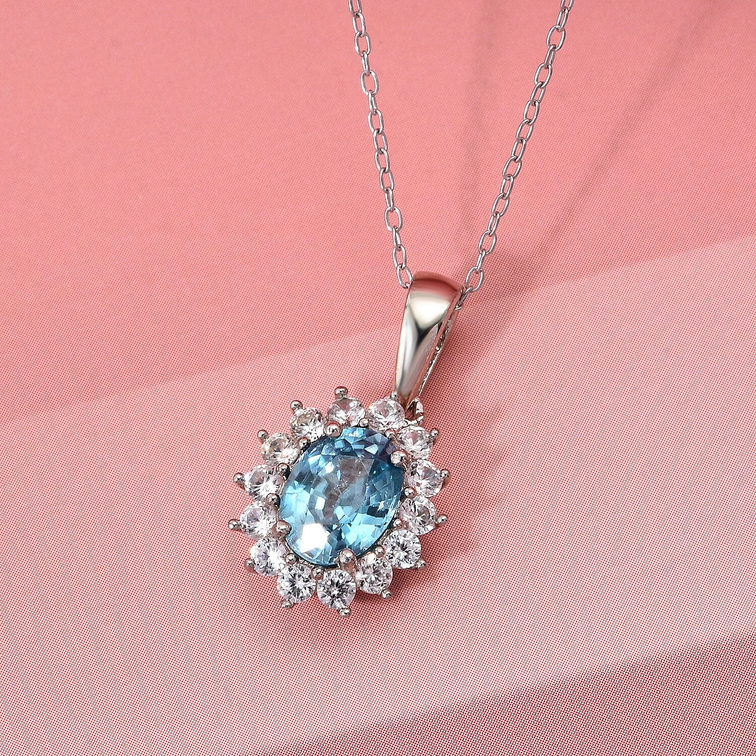 D'Joy Premium Ratnakiri Blue Zircon &amp; White Zircon Halo Pendant with Chain (Size 20) with Lobster Clasp in Rhodium Overlay Sterling Silver 2.69 Ct. 4426288 2