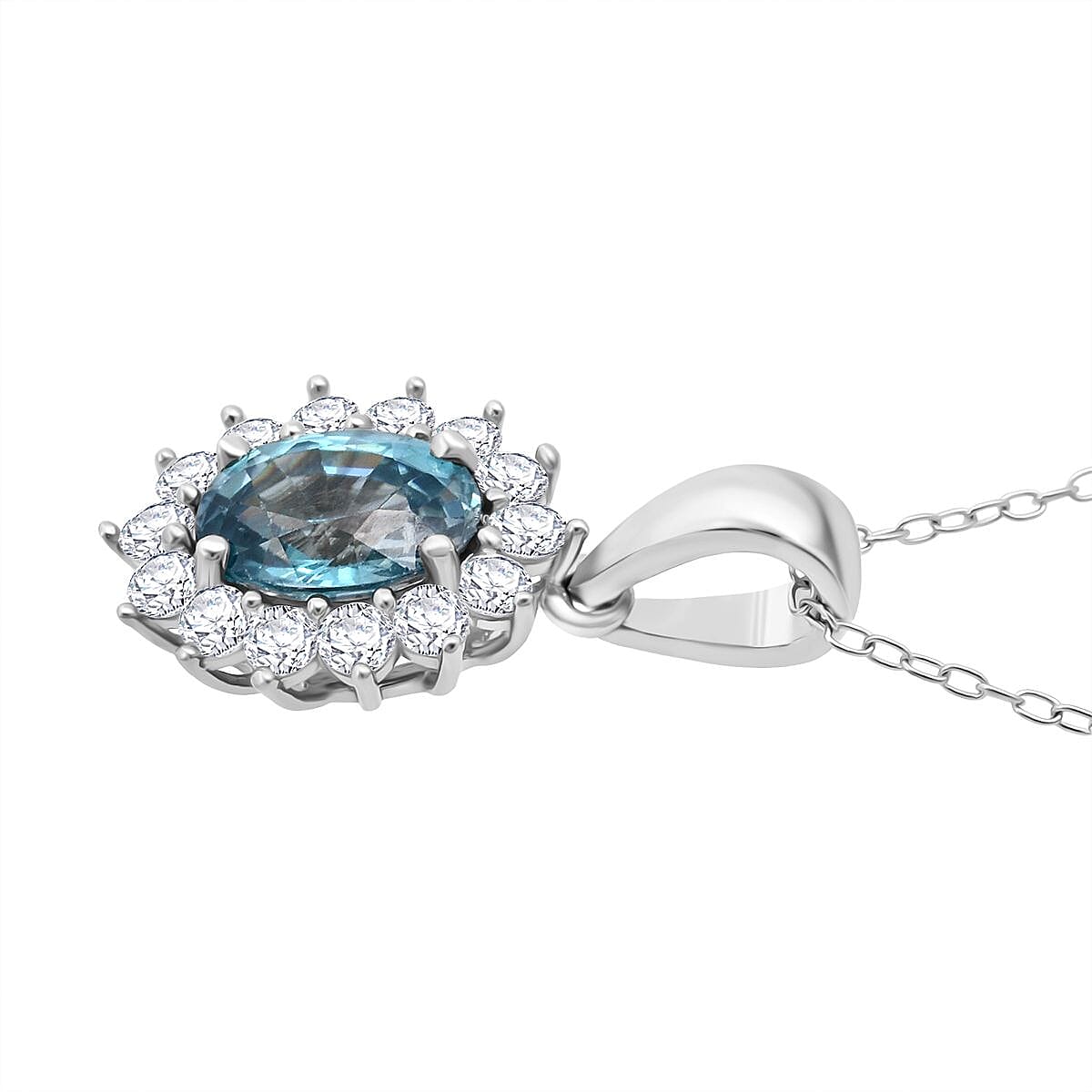 D'Joy Premium Ratnakiri Blue Zircon &amp; White Zircon Halo Pendant with Chain (Size 20) with Lobster Clasp in Rhodium Overlay Sterling Silver 2.69 Ct. 4426288 3