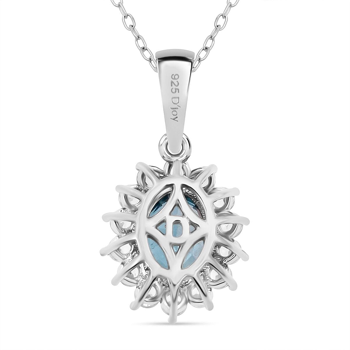 D'Joy Premium Ratnakiri Blue Zircon &amp; White Zircon Halo Pendant with Chain (Size 20) with Lobster Clasp in Rhodium Overlay Sterling Silver 2.69 Ct. 4426288 4