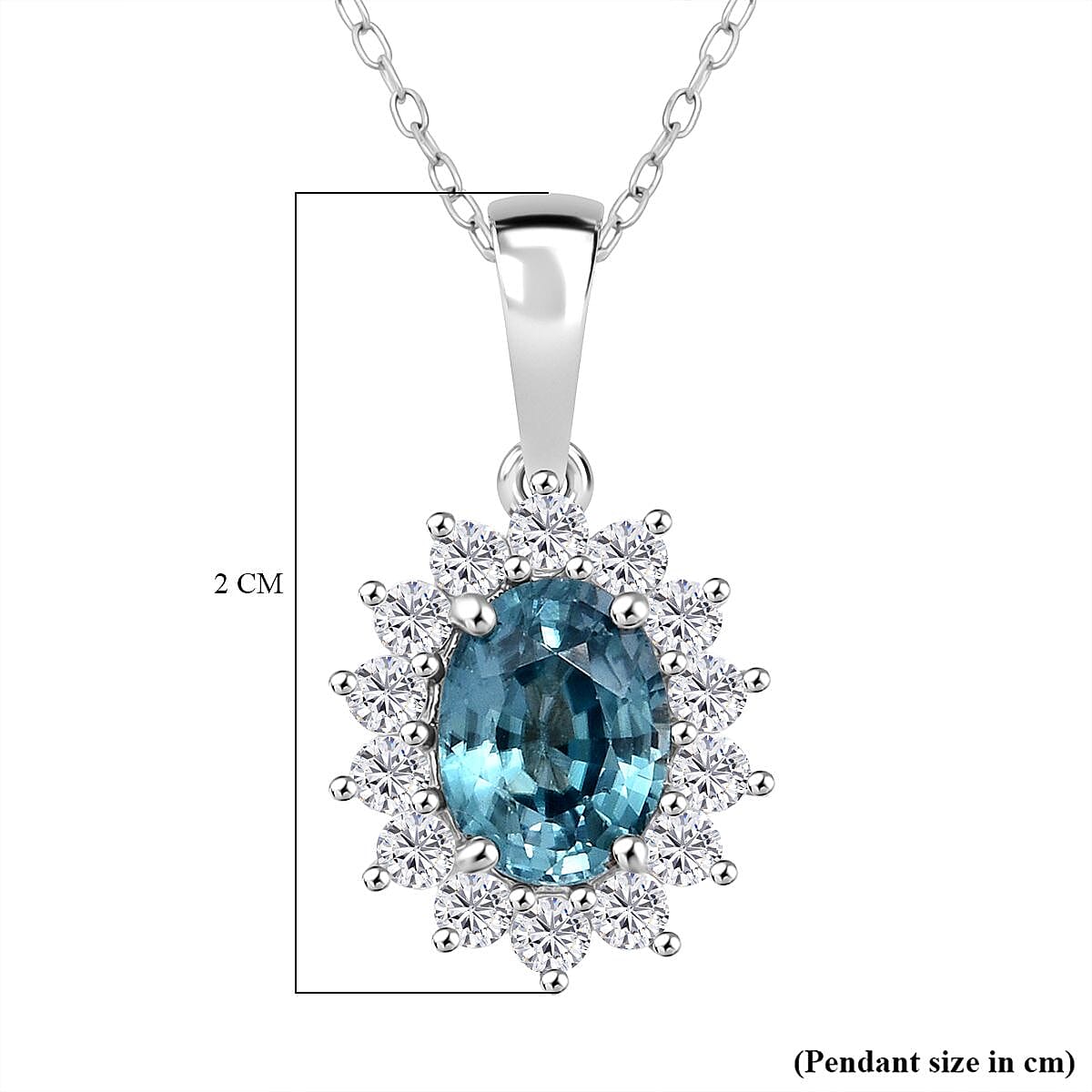 D'Joy Premium Ratnakiri Blue Zircon &amp; White Zircon Halo Pendant with Chain (Size 20) with Lobster Clasp in Rhodium Overlay Sterling Silver 2.69 Ct. 4426288 5