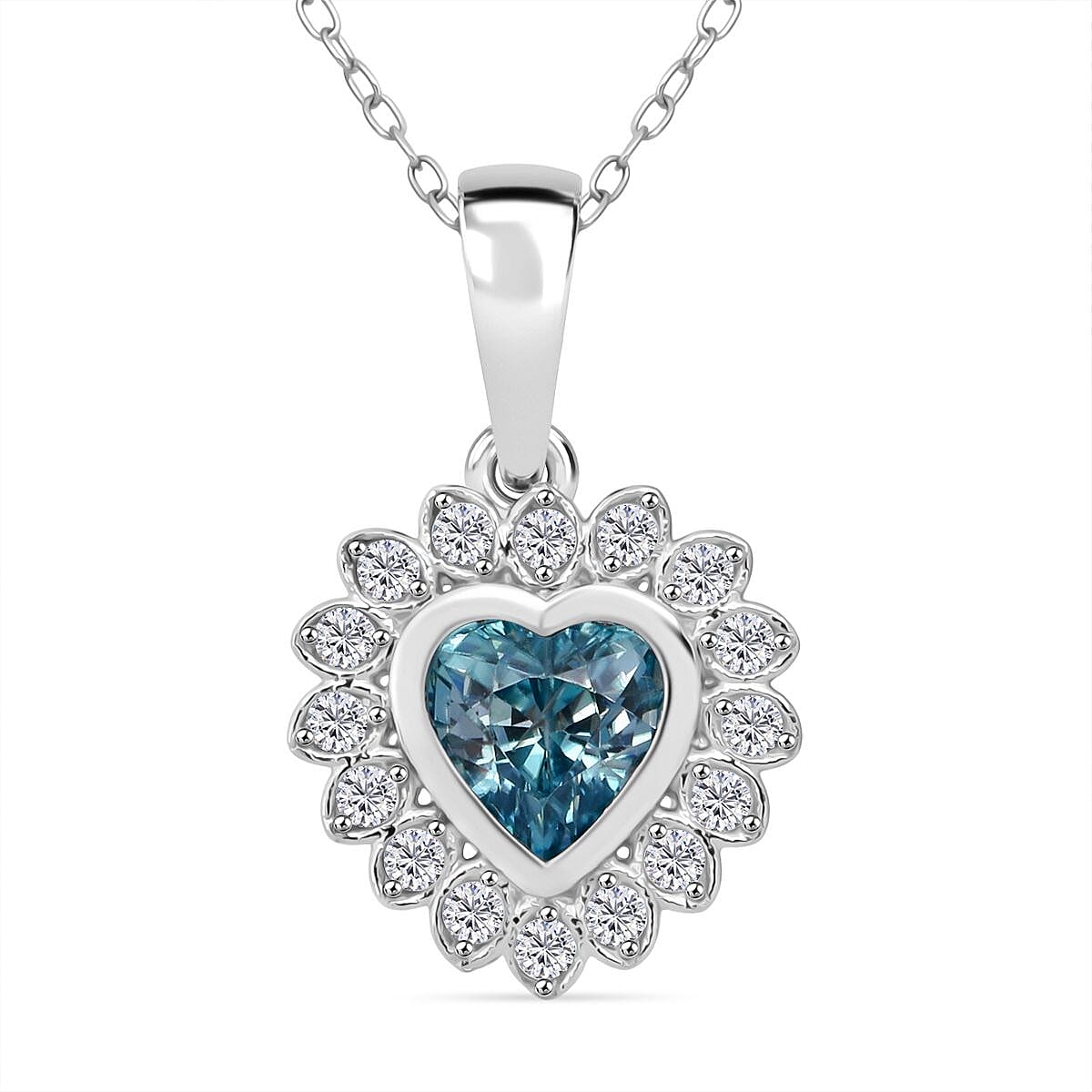 D'Joy Blue Zircon &amp; White Zircon Pendant with Chain (Size 20) in Rhodium Overlay Sterling Silver 1.51 Ct. V32490287 0