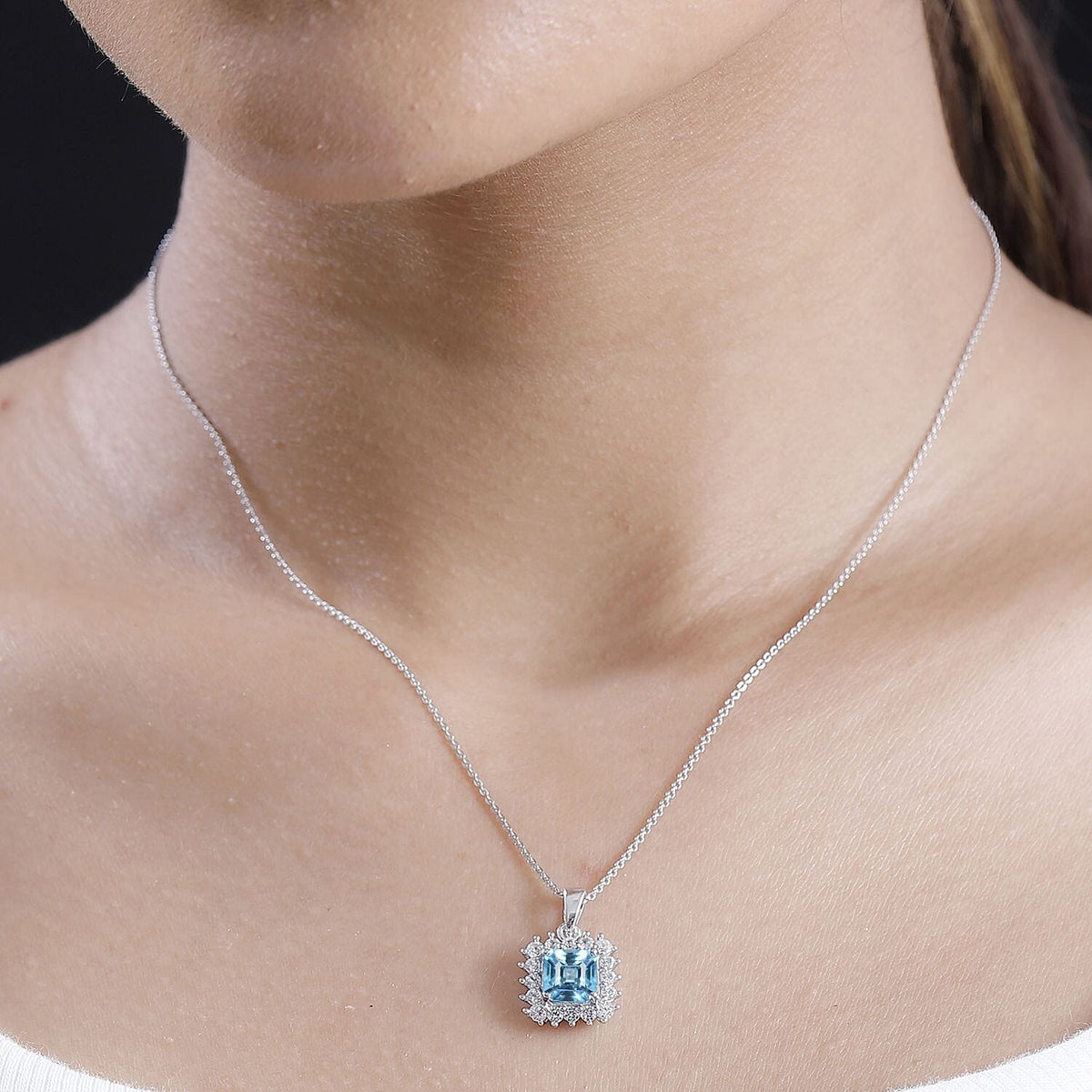 Blue Zircon, White Zircon Pendant with Chain (Size 20) in Rhodium Overlay Sterling Silver 3.24 Ct. 4318912 2