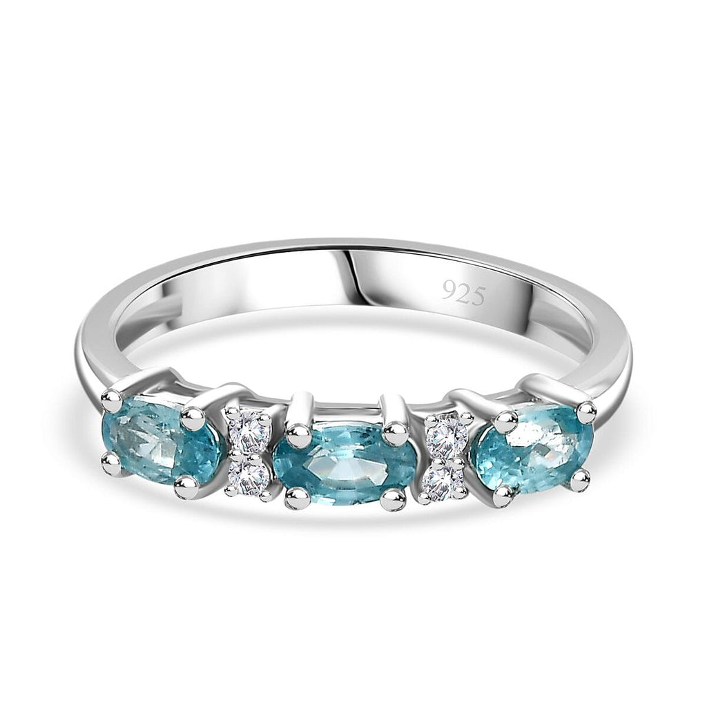 Blue & White Zircon 7 Stone Band Ring in Rhodium Overlay Sterling Silver 1.18 Ct.