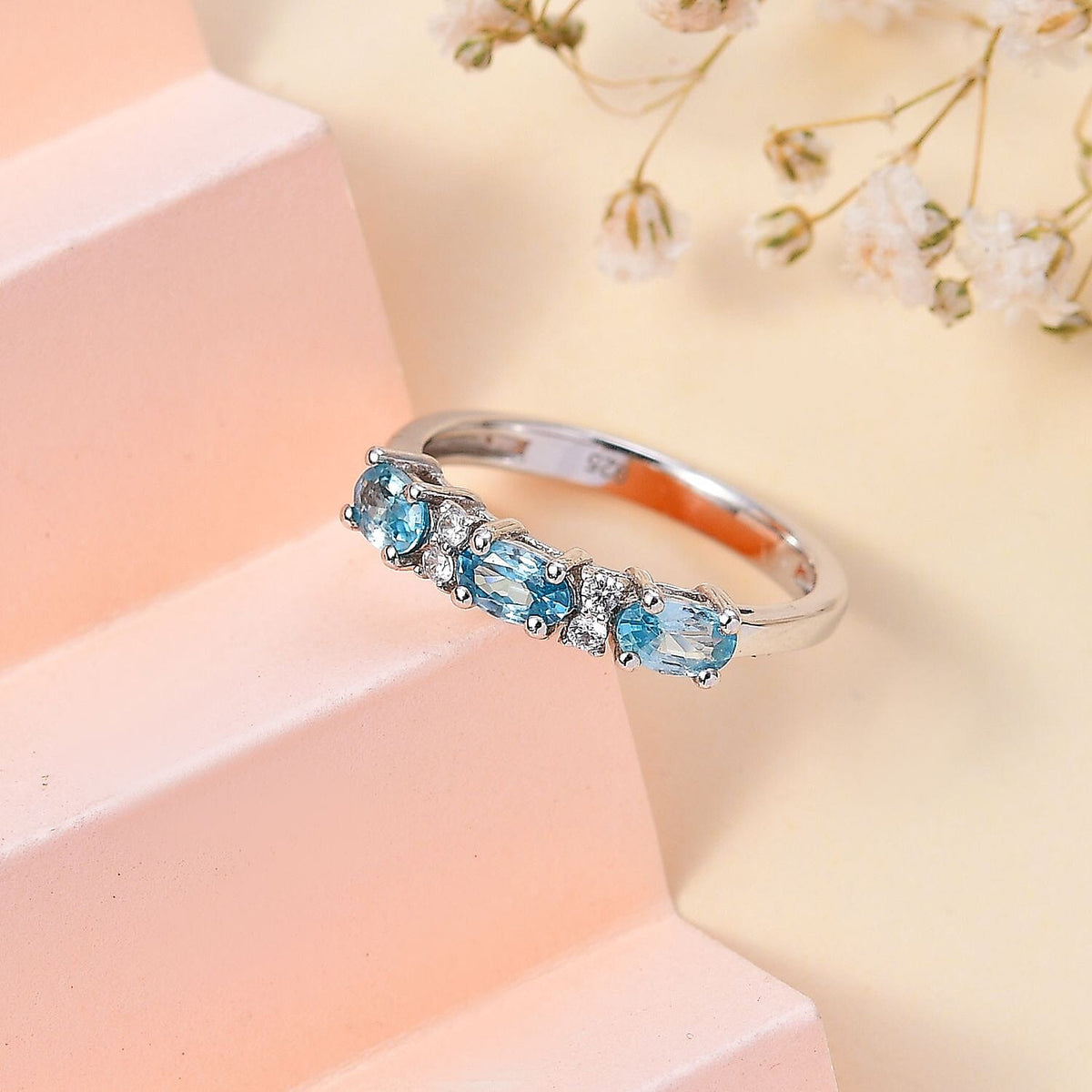 Blue &amp; White Zircon 7 Stone Band Ring in Rhodium Overlay Sterling Silver 1.18 Ct. 7796124 1
