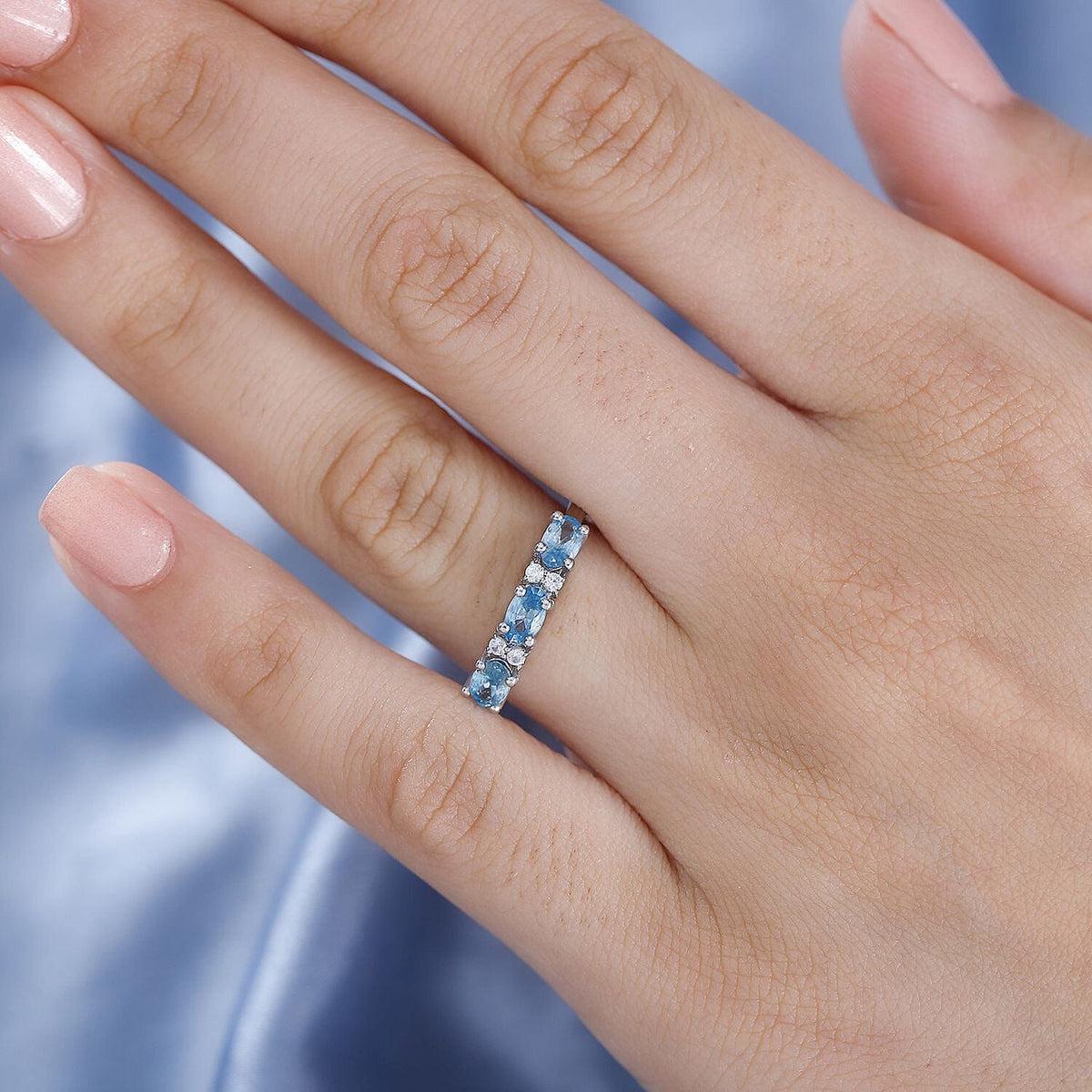 Blue &amp; White Zircon 7 Stone Band Ring in Rhodium Overlay Sterling Silver 1.18 Ct. 7796124 2
