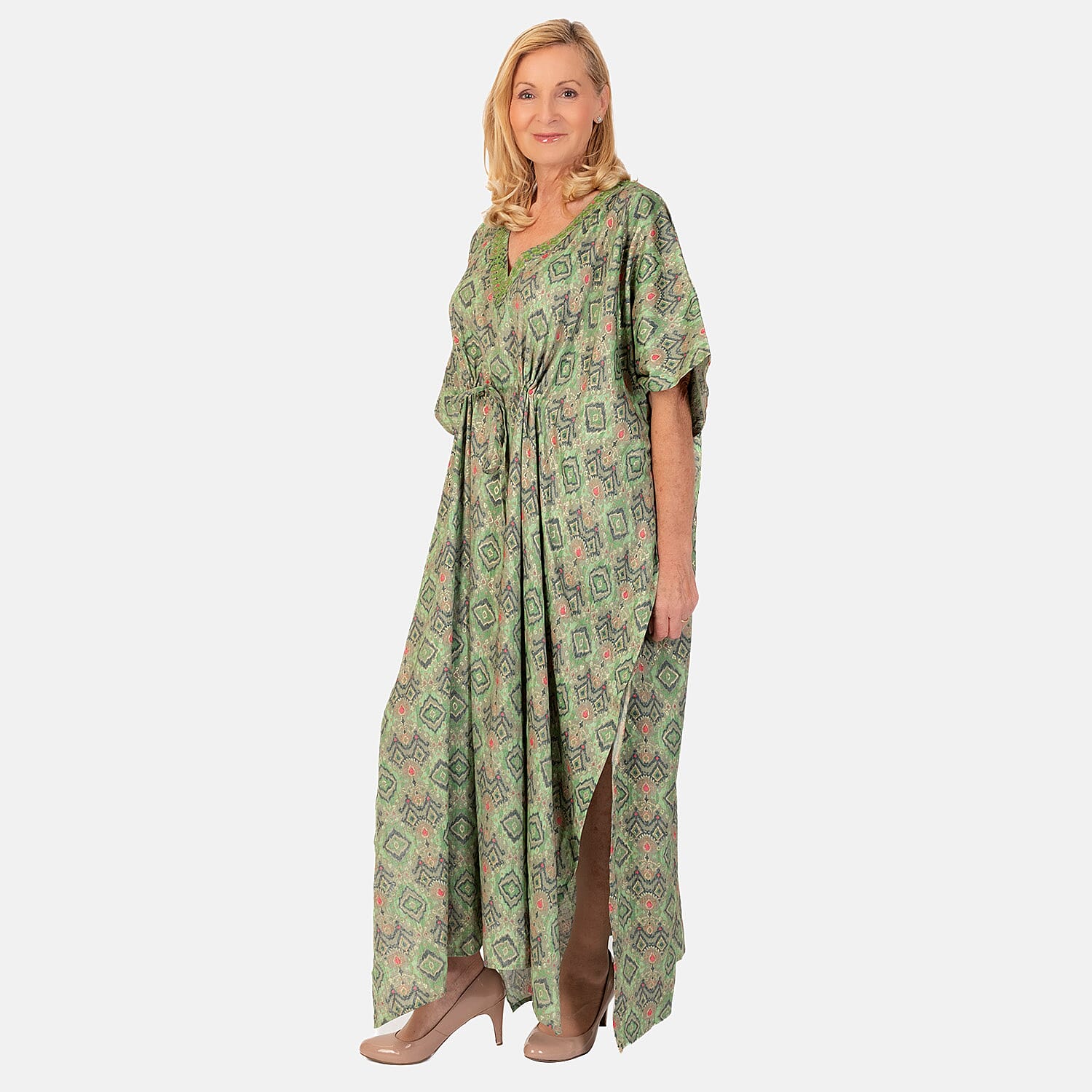 Bohemian Ikat Print Kaftan Dress - Green 7758764 1