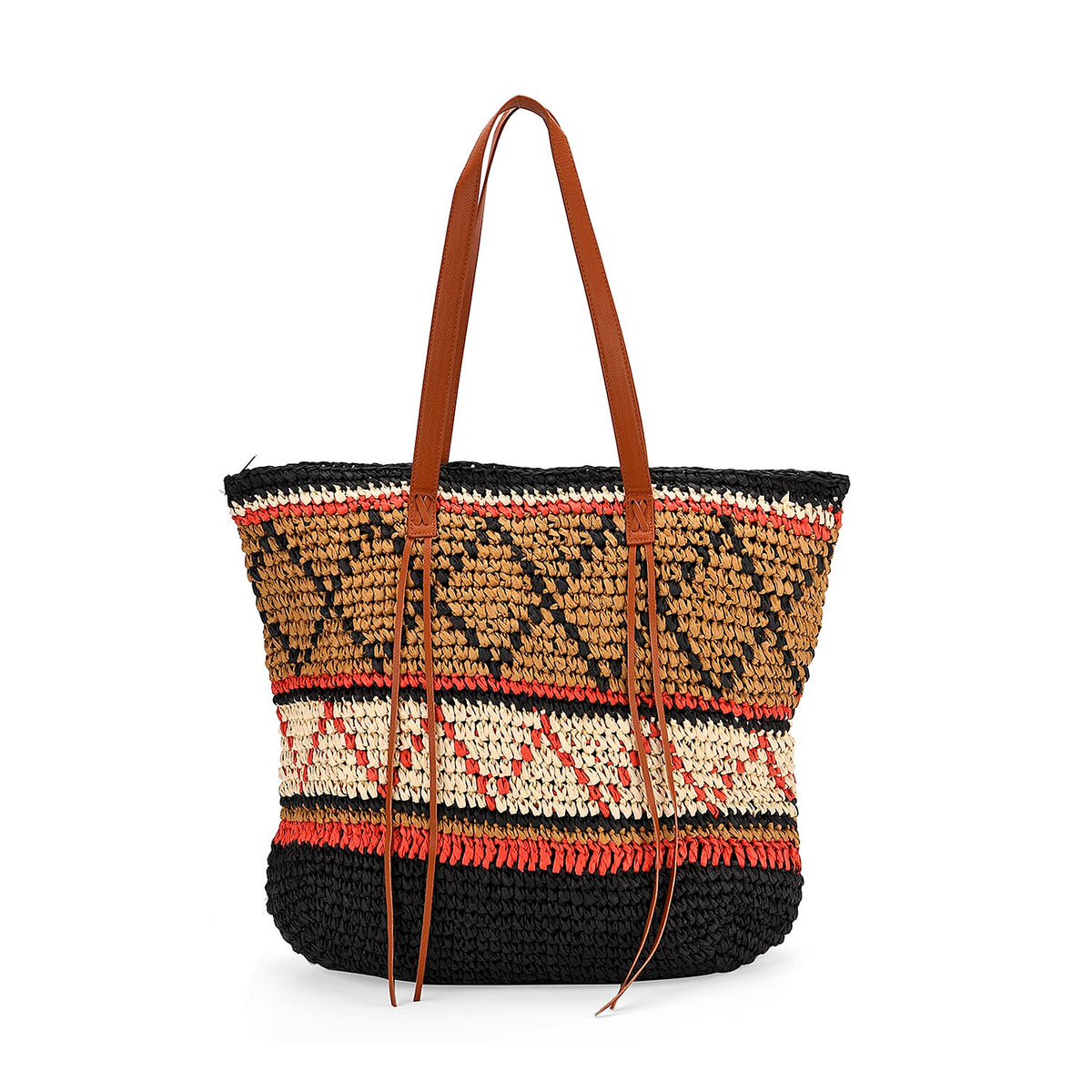 Bohemian Inspired Straw Tote Bag with Colorful Geometric Pattern - Brown, Pink &amp; Blue V32536740 0