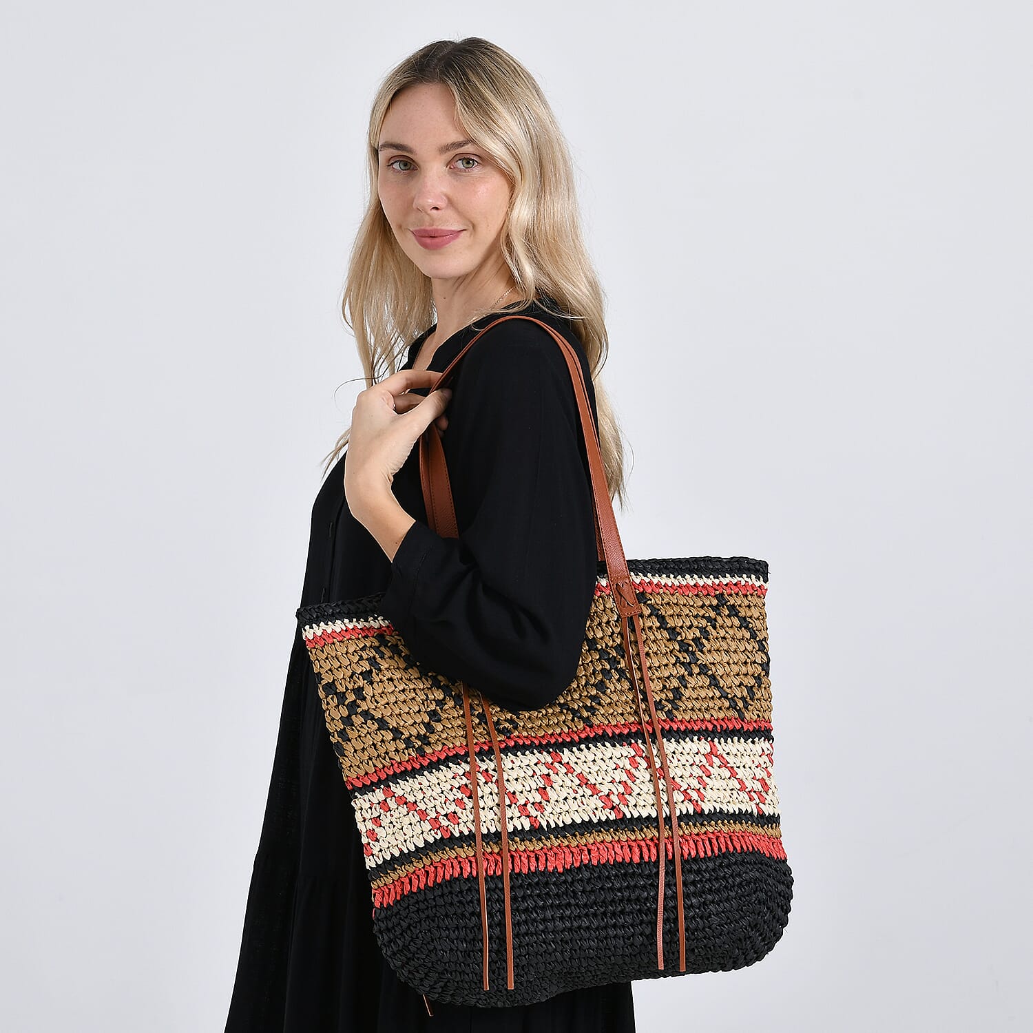Bohemian Inspired Straw Tote Bag with Colorful Geometric Pattern - Brown, Pink &amp; Blue V32536740 2