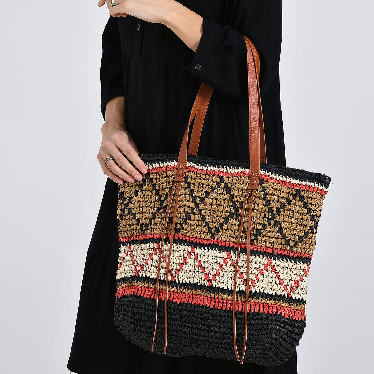 Bohemian Inspired Straw Tote Bag with Colorful Geometric Pattern - Brown, Pink &amp; Blue V32536740 3