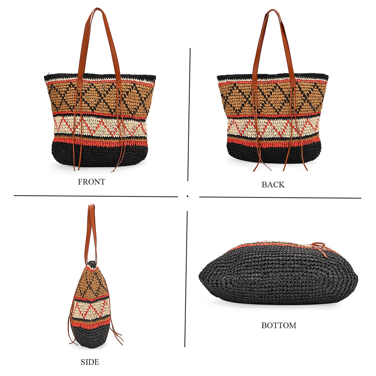 Bohemian Inspired Straw Tote Bag with Colorful Geometric Pattern - Brown, Pink &amp; Blue V32536740 4