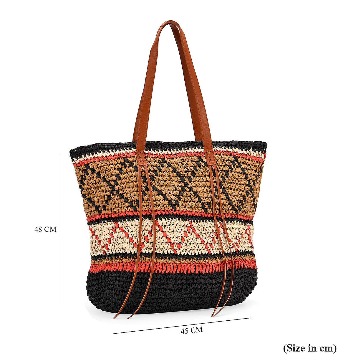 Bohemian Inspired Straw Tote Bag with Colorful Geometric Pattern - Brown, Pink &amp; Blue V32536740 7