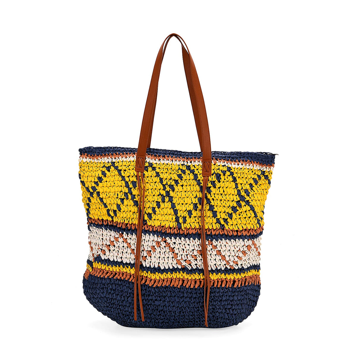 Bohemian Inspired Straw Tote Bag with Colorful Geometric Pattern - Yellow &amp; Navy V32512403 0