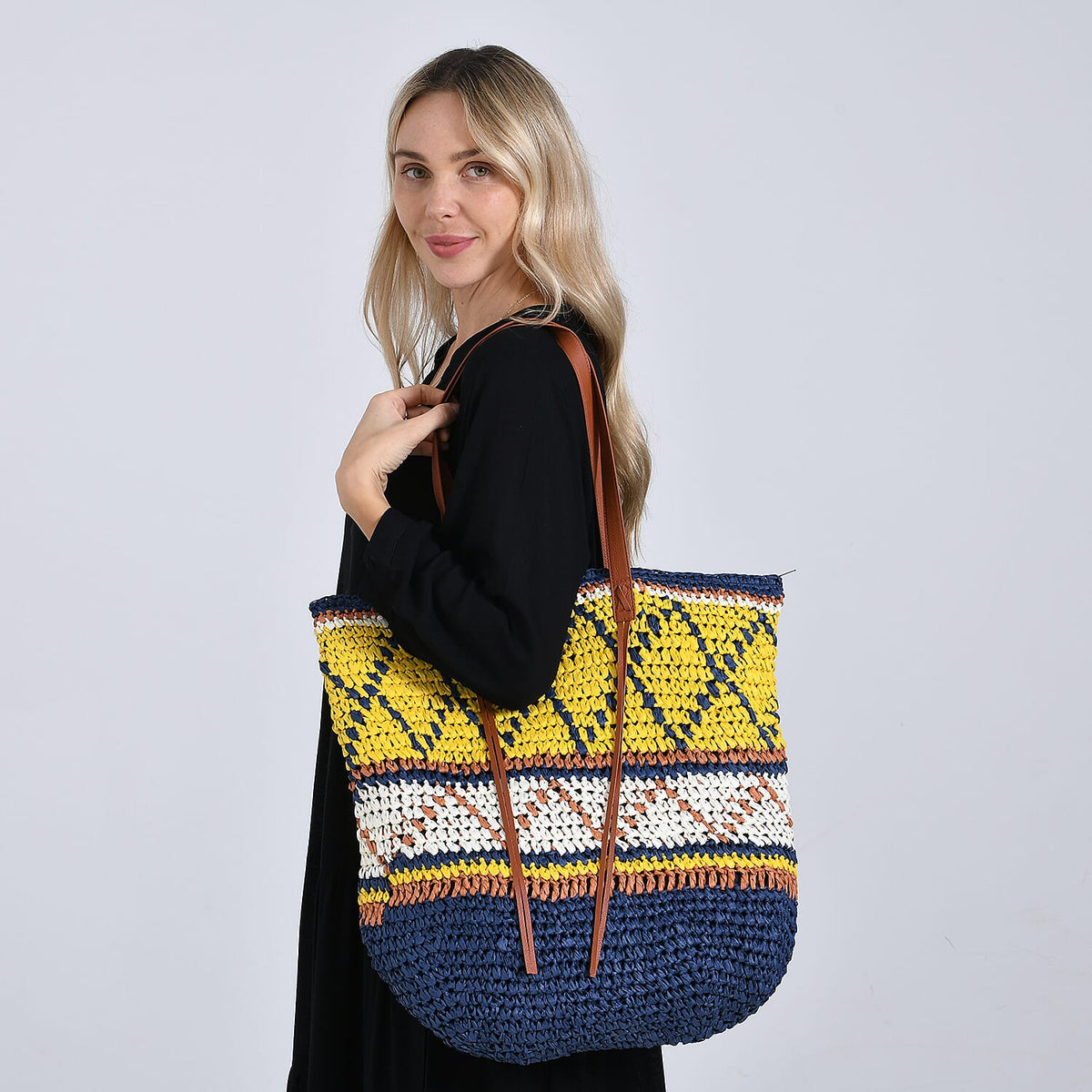 Bohemian Inspired Straw Tote Bag with Colorful Geometric Pattern - Yellow &amp; Navy V32512403 2