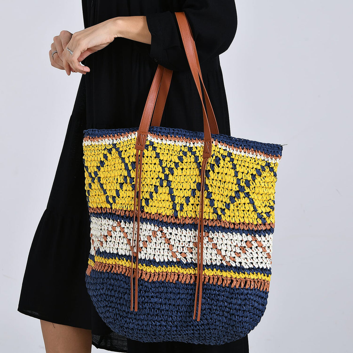 Bohemian Inspired Straw Tote Bag with Colorful Geometric Pattern - Yellow &amp; Navy V32512403 3