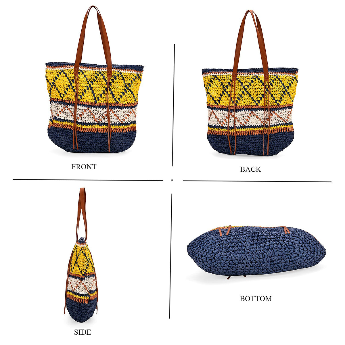 Bohemian Inspired Straw Tote Bag with Colorful Geometric Pattern - Yellow &amp; Navy V32512403 4