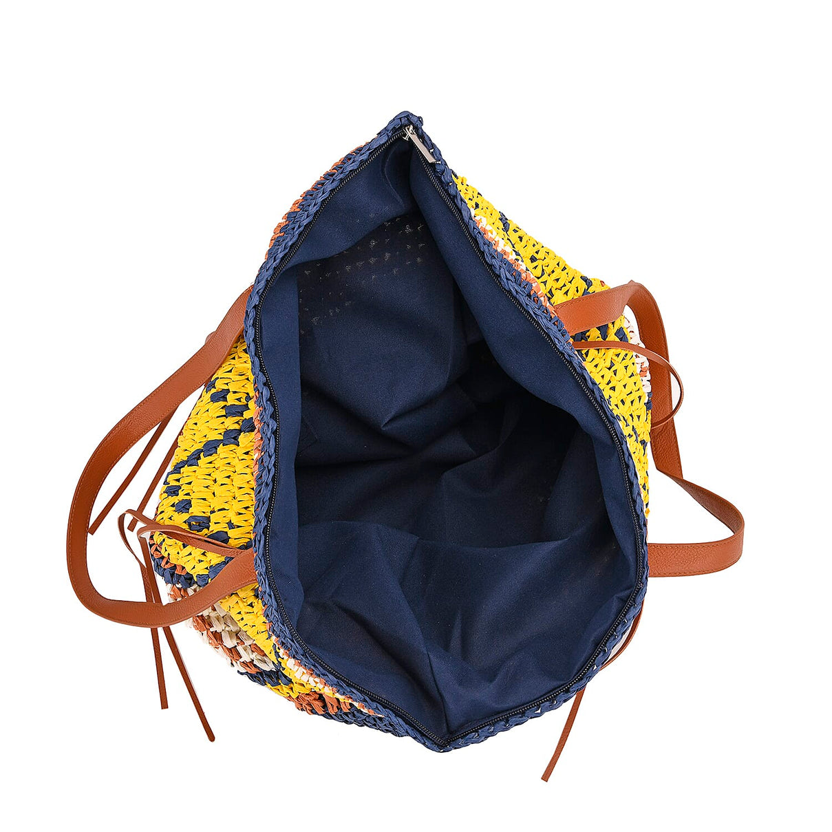 Bohemian Inspired Straw Tote Bag with Colorful Geometric Pattern - Yellow &amp; Navy V32512403 5