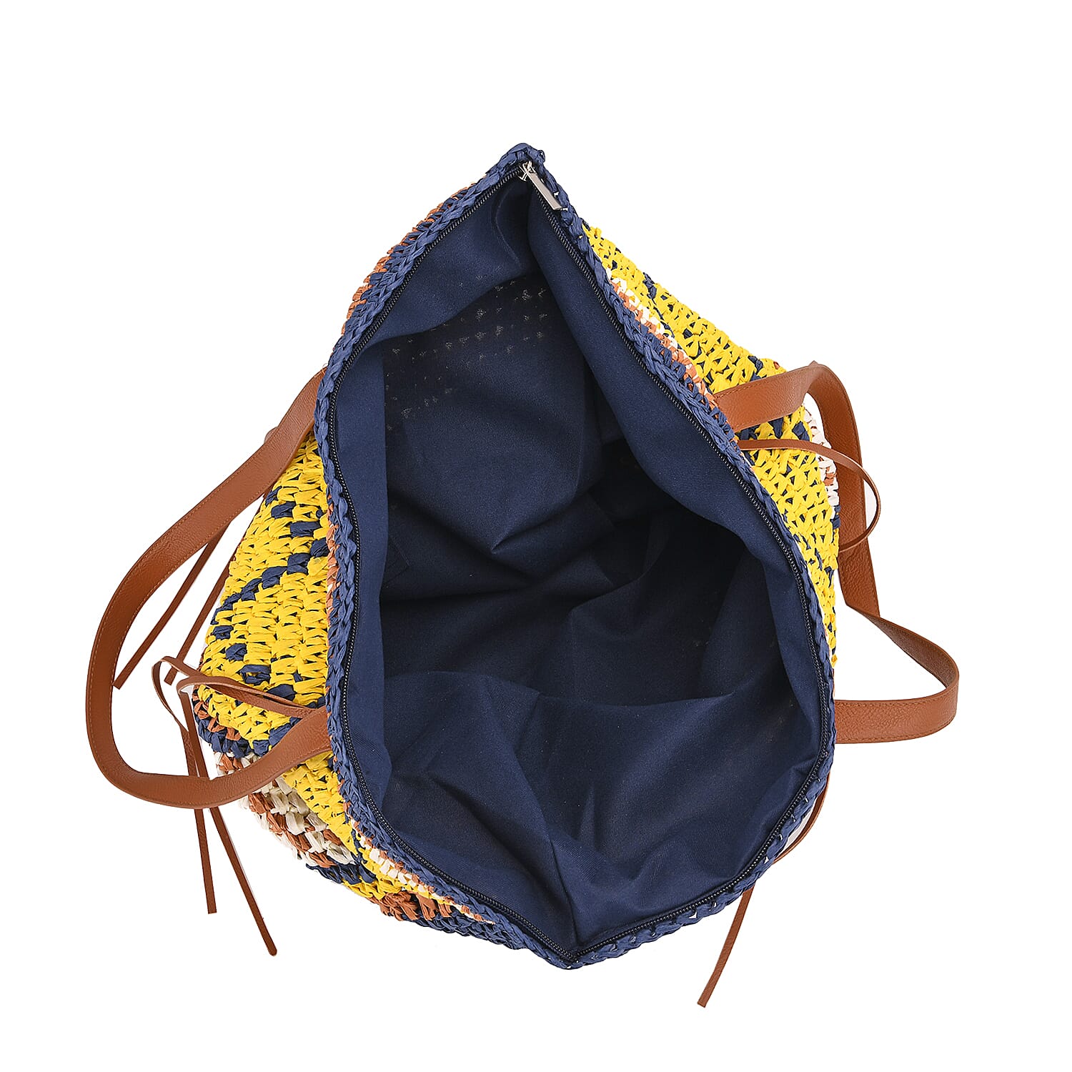 Bohemian Inspired Straw Tote Bag with Colorful Geometric Pattern - Yellow &amp; Navy V32512403 5