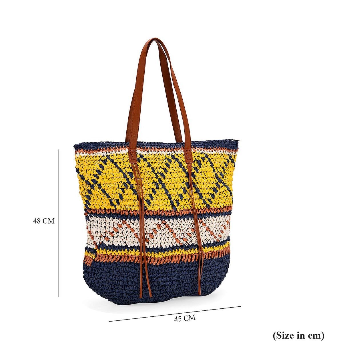 Bohemian Inspired Straw Tote Bag with Colorful Geometric Pattern - Yellow &amp; Navy V32512403 7