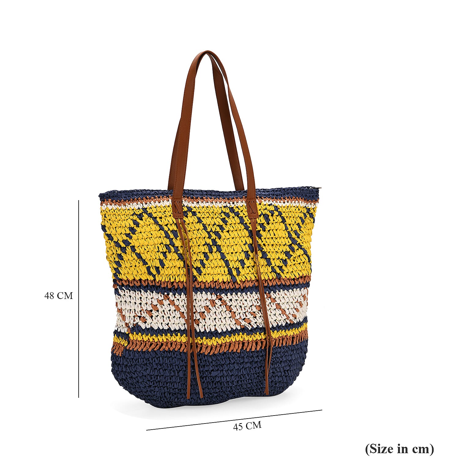Bohemian Inspired Straw Tote Bag with Colorful Geometric Pattern - Yellow &amp; Navy V32512403 7