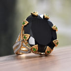 Natural Boi Ploi Black Spinel (Ovl 20x15 mm), Chrome Diopside Ring in 14K Gold Overlay Sterling Silver 18.25 Ct, Silver wt 5.70 Gms