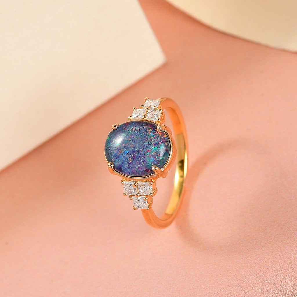 Boulder Opal ,  Moissanite  Main Stone With Side Stone Ring in 18K Yellow Gold  Vermeil Plated Sterling Silver 2.132  Ct.